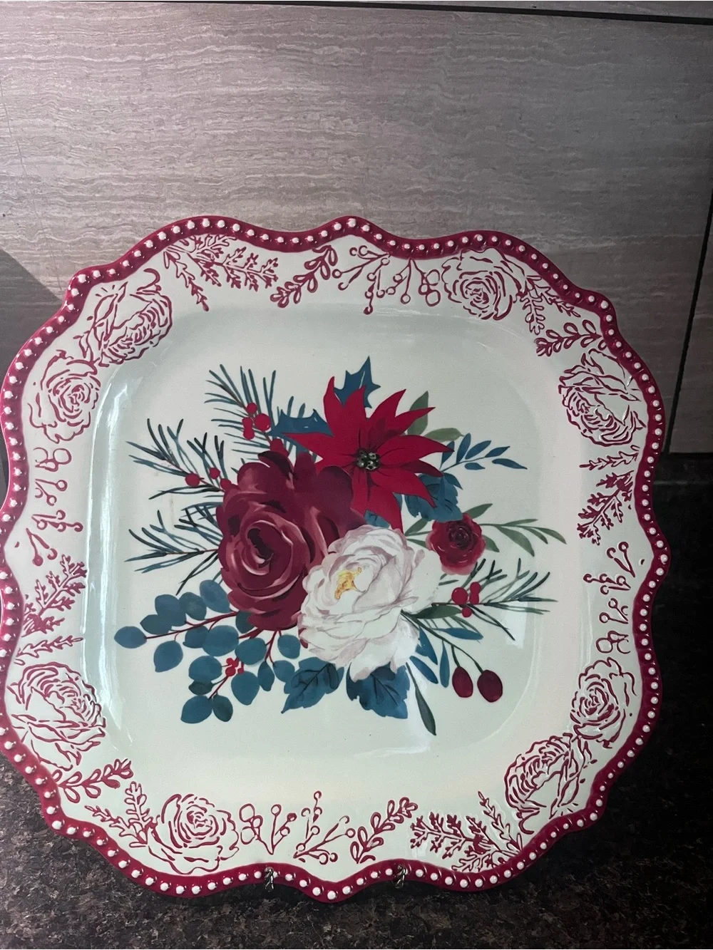 The Pioneer Woman Red and Cream Floral Scalloped Serving Platter